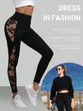 leggings 3/4  con patchwork a rete floreale in vita, tessuto traspirante