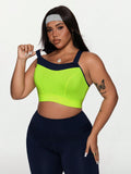 Reggiseno sportivo taglia comoda con coppa fissa, in colore verde neon con patchwork, reggiseno di moda ad alto supporto