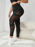 Leggings sportivi in rete con contrasto e tasche per telefono, pantaloni da yoga per donne taglie forti