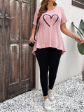 Set da 2 pezzi, composto da top asimmetrico con stampa a cuori e leggings di colore unito, adatto per la taglia curvy, per l''estate