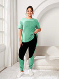 Set sportivo casual da donna taglia comoda, composto da Maglietta a maniche raglan a girocollo monocromatica e leggings a blocchi di colore