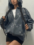 Felpa con cappuccio con zip e maniche lunghe, con stampa stelle, oversize e alla moda, adatta per l'autunno e l'inverno