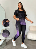 Tuta sportiva estiva da donna taglie forti, composta da t-shirt girocollo a maniche corte e pantaloni, con stampa lucida