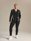 Set da donna con giacca e leggings casual, con bordo a contrasto e zip, per l'autunno, set da palestra e allenamento, taglia comoda