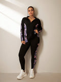 Tuta sportiva casual da donna plus size, con blocchi di colore, zip frontale, maniche lunghe, un top e pantaloni, set da allenamento
