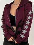 Felpa con cappuccio con strass a stella e cerniera anteriore, con coulisse, per donne taglie forti, adatta per l'autunno