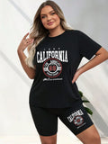 Set sportivo da donna taglia forte, 2 pezzi, maglia ampia e casual, pantaloncini corti aderenti, stampa con semplice motivo a lettere, adatto per l estate