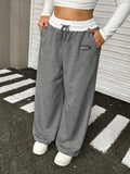 Pantaloni da tuta oversize da donna con stampa a lettera, vita con cordoncino, con tasche, vestibilità morbida, colore grigio scuro