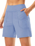 Pantaloncini da yoga a vita alta a tinta unita da donna taglie forti, pantaloncini casual morbidi con tasche