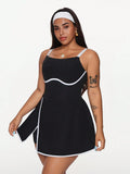 Vestito smanicato con blocchi di colore, sportivo, da donna, taglie forti, con spacco sul fondo, shorts integrati e tasche, adatto per primavera/estate
