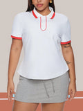 T-shirt casual da donna con colletto alla polo, colore a contrasto, adatta per sport come tennis e golf, per uso quotidiano, taglie comode, per primavera/estate