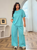 Set da 2 pezzi, maglietta in maglia lavorata e pantaloni larghi, outfit casual per taglie forti