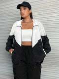 Giacca casual con chiusura lampo anteriore, coulisse e cappuccio in colori a contrasto per donne taglia forte