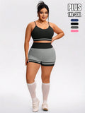 Set sportivo senza cuciture a righe e a contrasto di colore per donne taglie forti, reggiseno imbottito rimovibile + pantaloncini