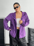 Giacca con cappuccio da donna taglia comoda,  collo quadrato, maniche lunghe, con tasche vere, chiusura lampo frontale