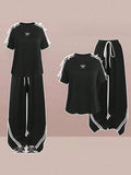 Set da donna taglie forti in 2 pezzi, tuta casual sportiva con patch a contrasto, righe, fiocco decorativo