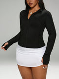 Giacca sportiva casual da donna , con coulisse in vita, zip, linea elegante con inserti, aderente, con foro per il pollice, adatta per tennis e running, taglie comode