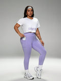 3 pezzi Tuta sportiva taglie forti per donna, top corto con stampa grafica e reggiseno imbottito integrato, schiena incrociata, pantaloni sportivi con stampa grafica e vita elastica
