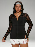 Giacca sportiva a maniche lunghe con patchwork in rete geometrica per donne taglie forti
