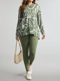 Set Maglietta a maniche lunghe con scollo tondo e stampa floreale e leggings, casual, taglie forti per donne