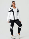 Tuta sportiva da donna taglie forti con top a collo con zip e contrasto di colore e leggings