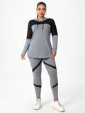 Tuta sportiva da donna taglie forti con cappuccio e leggings in in rete e patchwork