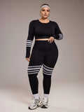 Set sportivo per donna taglie forti, maglia a maniche lunghe e leggings 7/8, a righe bianche