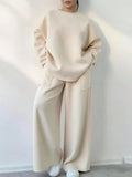 Set Extra Taglie, Top a Collo Tondo e Pantaloni di Colore Unito Casual e Semplici per Uso Quotidiano