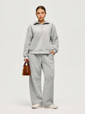 Set casual da 2 pezzi, composto da felpa a maniche lunghe e pantaloni a vita alta a gamba ampia in pile, taglie comode