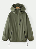 Giacca casual verde con cappuccio, maniche lunghe, zip frontale e coulisse