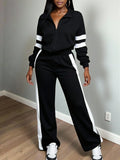 Tuta sportiva casual da donna in taglie comode, stile casual da strada, con colletto alto, chiusura lampo, maniche lunghe e pantaloni a gamba larga