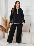 Set di top e pantaloni eleganti e casual da donna taglie forti, con stampa a lettere, chiusura lampo parziale e maniche lunghe