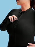Tuta da allenamento senza cuciture a 4 vie per taglie forti da donna - collo a giro e maniche lunghe e tasche laterali e tuta con chiusura lampo